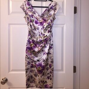 Maggy London Ivory Floral Midi Dress with Purple and Green Accents